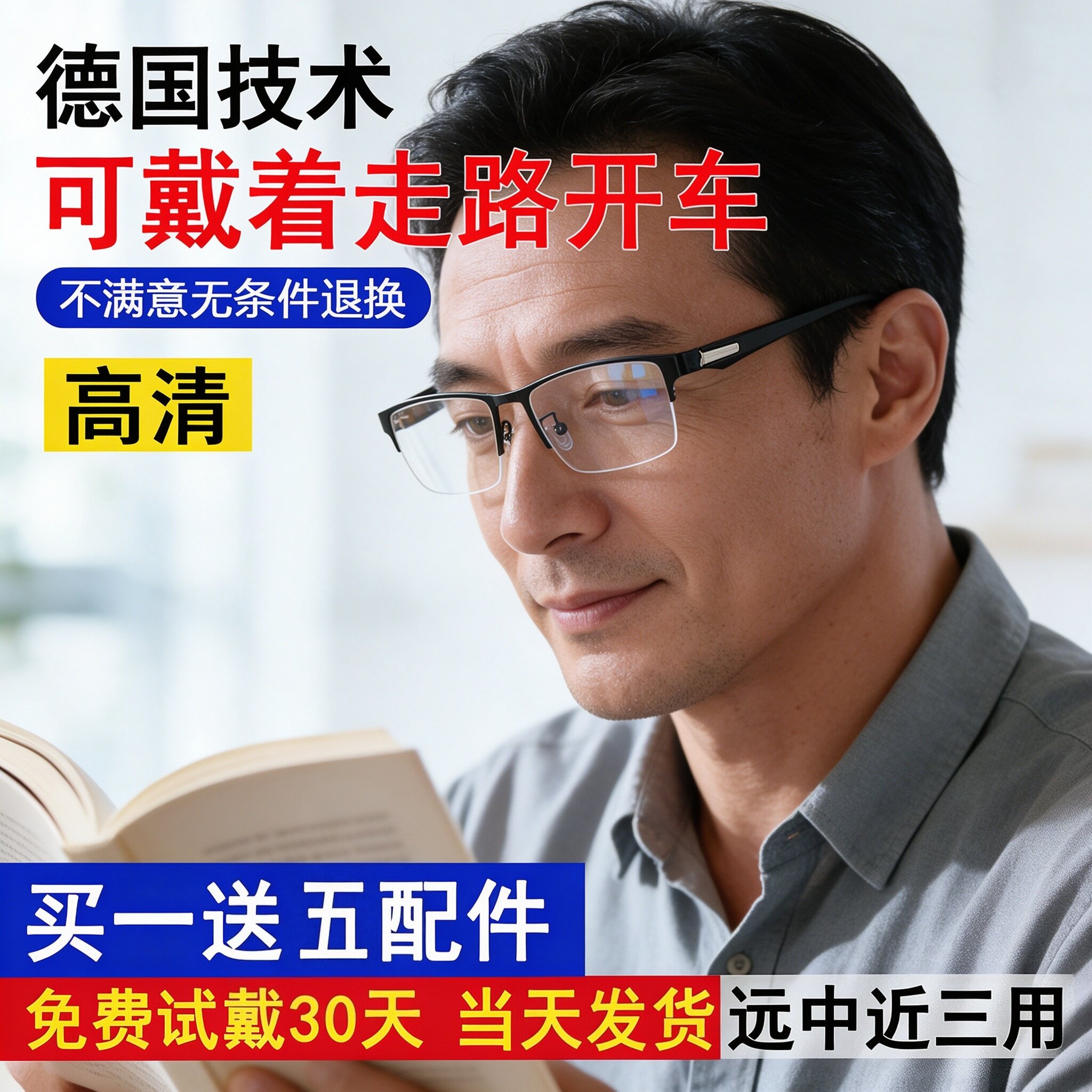 男款中老年老花眼镜远中近三用自动调度数智能变焦防蓝光变色眼镜