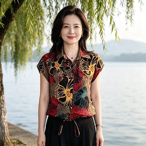 夏季复古抽绳印花宽松显瘦衬衫女