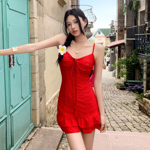 LQV红色吊带显瘦连体泳衣女