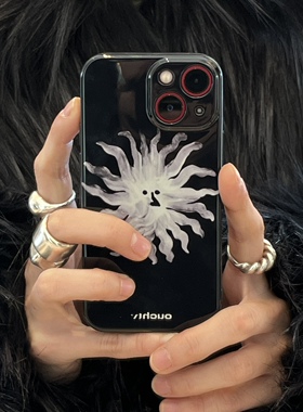 限量版高级感很爱很爱的黑色的手绘太阳花适用于iPhone17promax手机壳