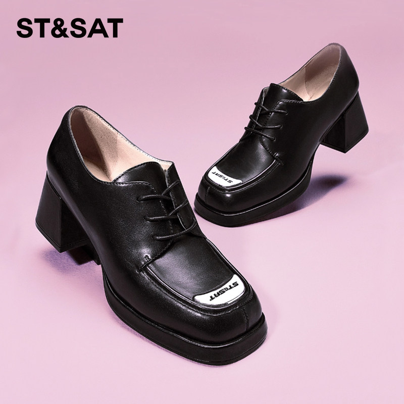星期六英伦粗高跟系带小皮鞋女