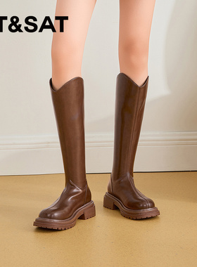 St&Sat/星期六秋冬后拉链骑士靴厚底增高长筒时装靴女SS34117H61