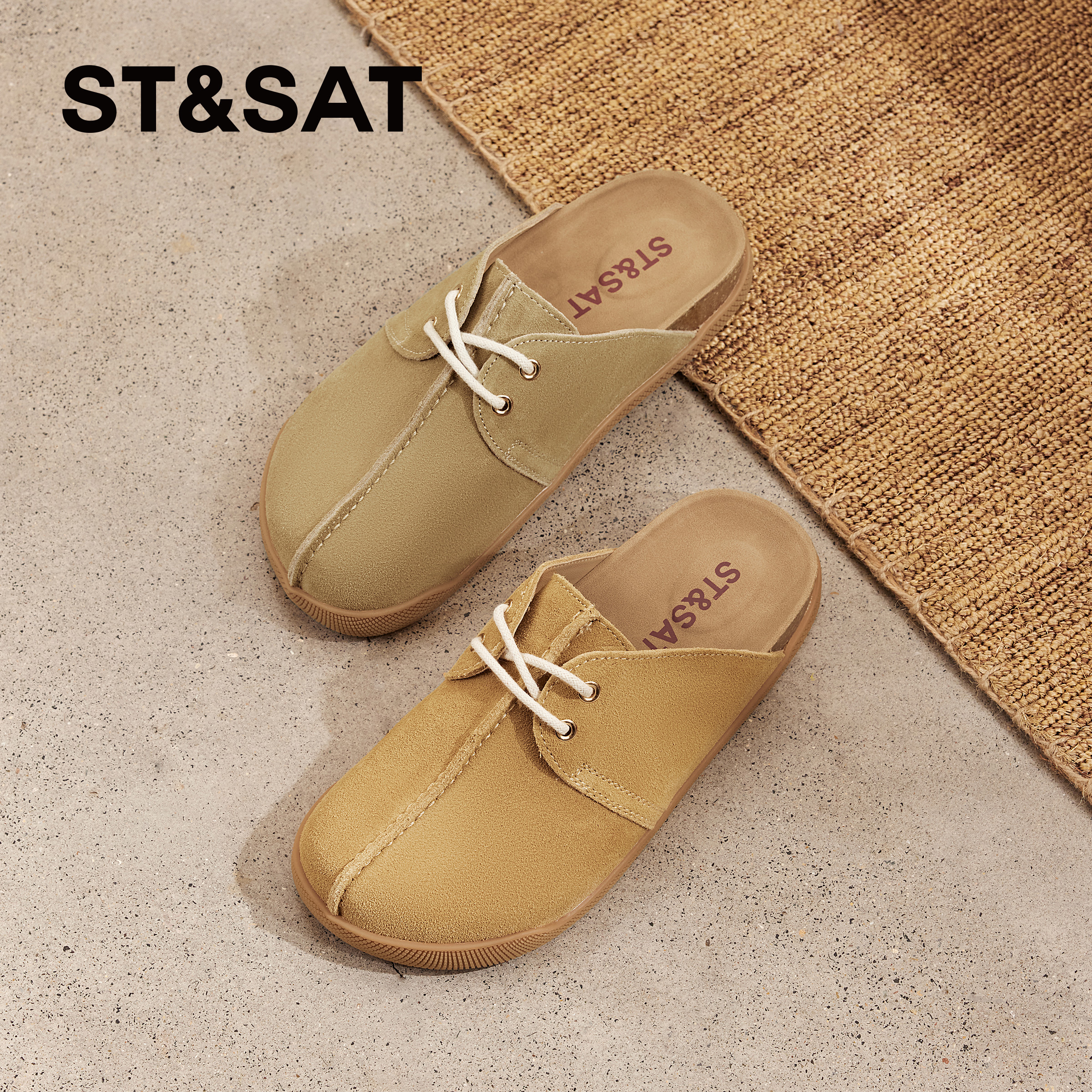 星期六牛皮低跟舒适休闲拖鞋女