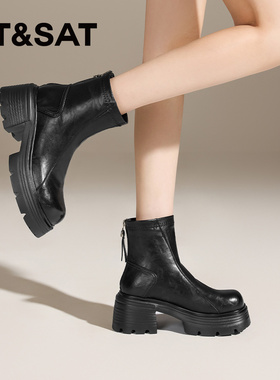 St&Sat/星期六秋冬新款后拉链时装靴圆头粗高跟短靴女SSD4116CTW