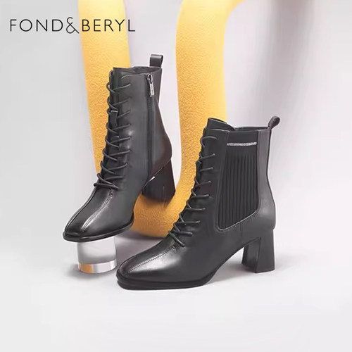 菲伯丽尔优雅方头粗高跟短靴女