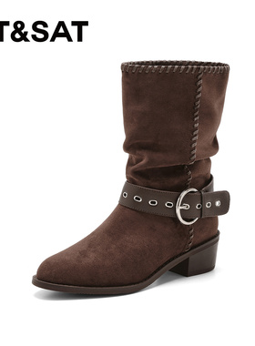 St&Sat/星期六秋冬皮带扣西部牛仔靴圆头粗跟中筒靴女SSD4116CKL