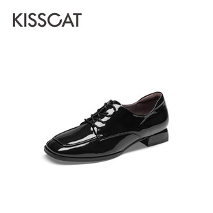KISS 接吻猫春秋牛漆皮方头低跟系带德比乐福鞋 女KA54526 CAT