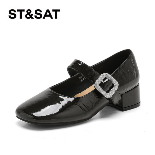 星期六牛皮水钻粗跟玛丽珍鞋