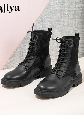 Safiya/索菲娅秋冬牛皮弹力袜靴圆头粗跟系带马丁靴女SF04116024