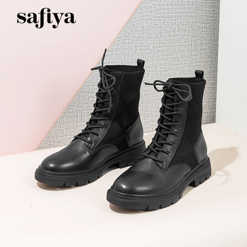 索菲娅英伦牛皮拼接弹力袜靴女