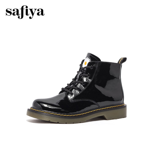 索菲娅牛漆皮英伦系带马丁靴女