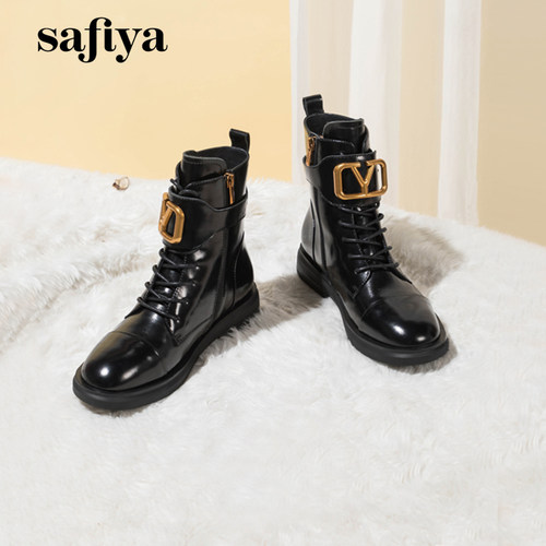 索菲娅牛皮欧美皮带扣马丁靴女