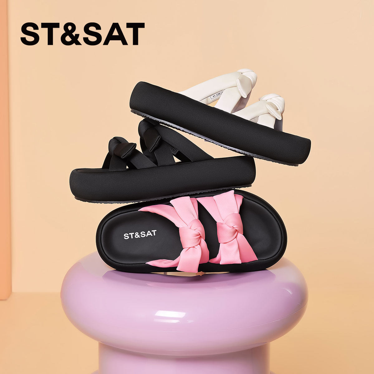 St&Sat/星期六夏季新款蝴蝶结增高厚底露趾一字凉拖女SSC2110B75,女鞋,一字拖,淘宝优惠券,粉丝福利购,淘宝优惠卷