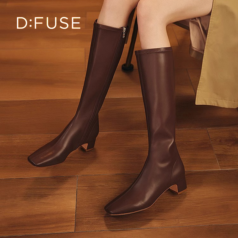 迪芙斯复古方头粗跟长筒靴女