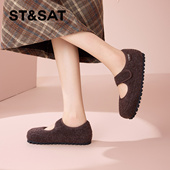 魔术贴厚底毛毛鞋 St&Sat 星期六秋冬加绒玛丽珍鞋 女SSD3111CLF