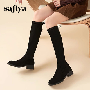 Safiya/索菲娅秋冬圆头瘦瘦弹力靴粗跟后系带长筒靴女SF34117014
