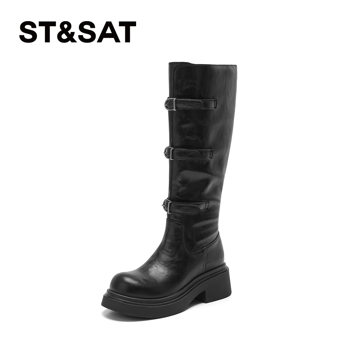 星期六时尚皮带扣厚底增高长靴女