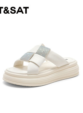 St&Sat/星期六夏季新款水钻一字型外穿厚底凉拖鞋女SSC2110D89