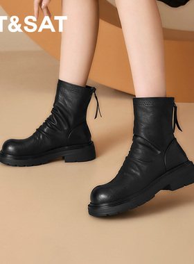 St&Sat/星期六秋冬新款后拉链时装圆头厚底增高短靴女SSD4116CEY