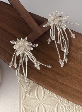 白色烟火 小众手工串珠流苏耳环fever同款气质百搭耳夹日韩半透明