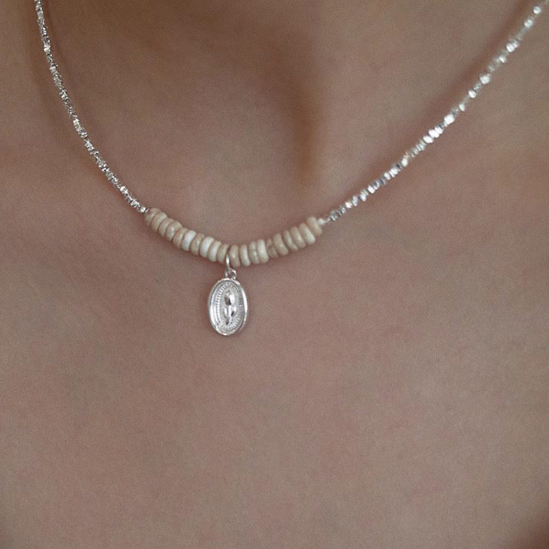 洞石串珠碎银子花朵铭牌吊坠项链