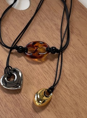 金豆子金属黑绳长款项链女简约高级气质百搭猪鼻子毛衣链适合叠戴