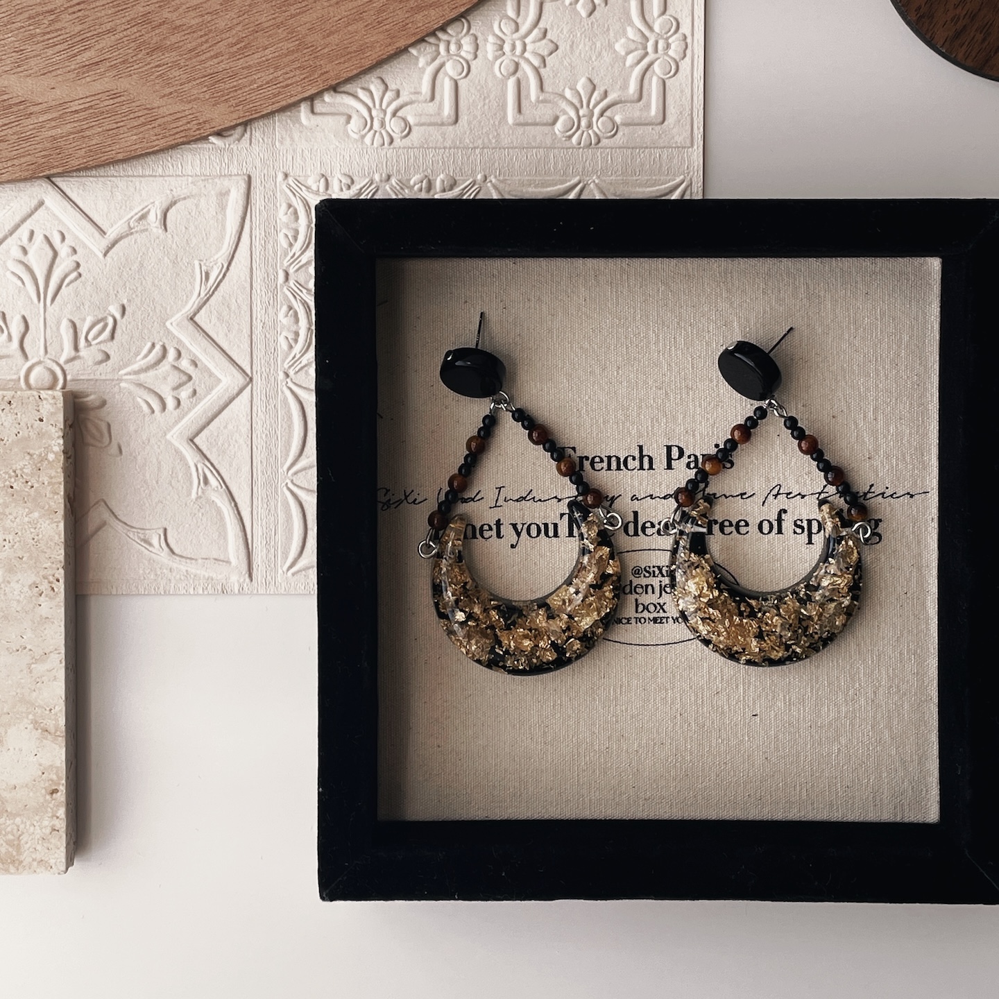 黑金复古碎金箔树脂椭圆悬挂串珠