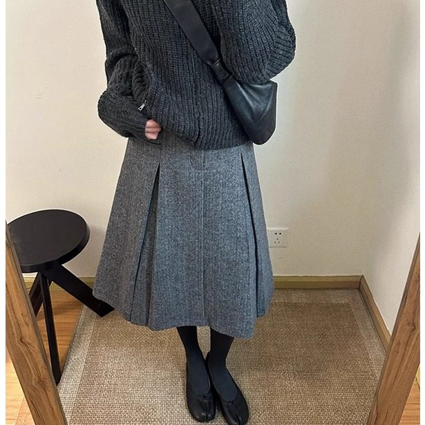 MIU系a字半身裙毛呢百褶裙人字纹