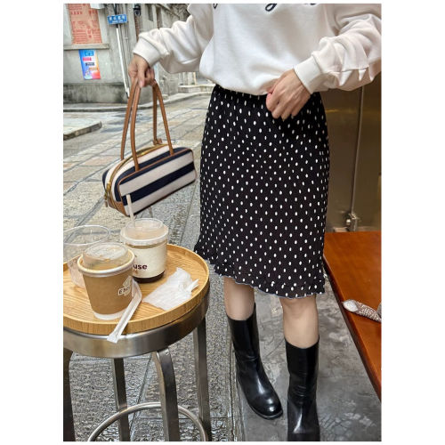 黑色波点半身裙花边雪纺a字裙miu