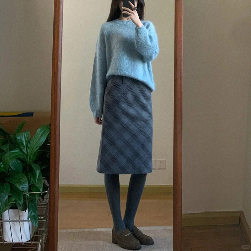 美式复古格纹半身裙羊毛呢子中裙