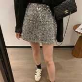 秋冬新款 高腰半身裙闪亮银色短裙防走光半裙设计感小众a字包臀裙