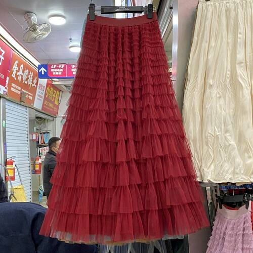 高端网纱裙半身裙女2024春夏新款高腰垂感仙女A字层层蛋糕长裙子