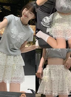 大sim小sim 白色波点蝴蝶结设计感蕾丝高腰显瘦网纱蛋糕半身裙女