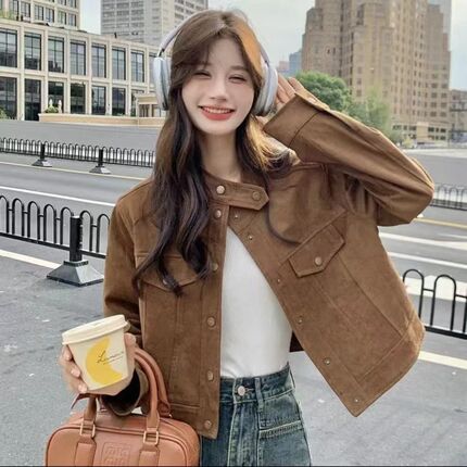 Melard Brushed Spring and Autumn New Vintage Loose Casual Versatile Design Short Jacket for Petite Figures