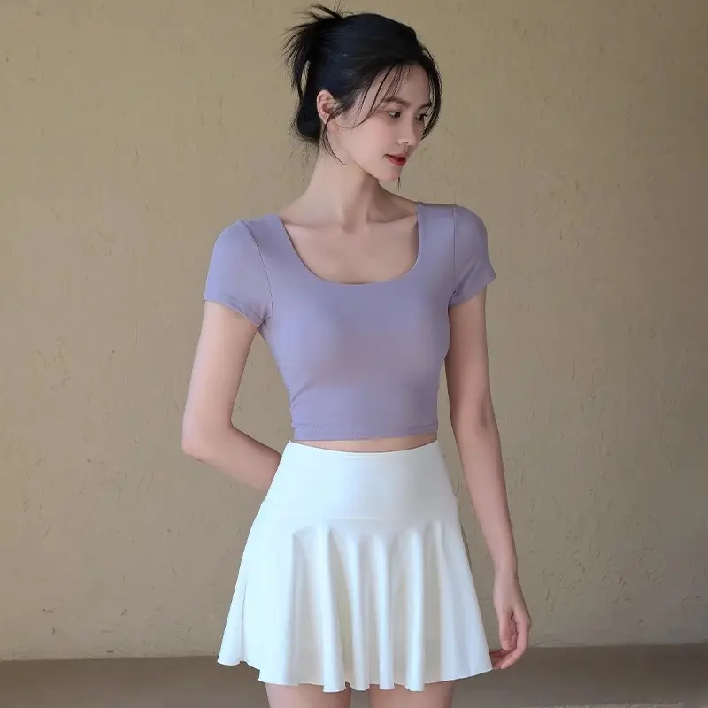 2025新款露背方领运动上衣带胸垫普拉提健身恤瑜伽健身跑步运动服