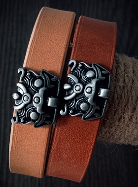 马登工装复古真皮植鞣一生之环情侣原创男女阿美咔叽饰品醒狮手链