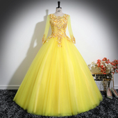 黄色婚纱礼服女舞台独唱演出服长袖 显瘦仙气年会艺考主持人蓬蓬裙