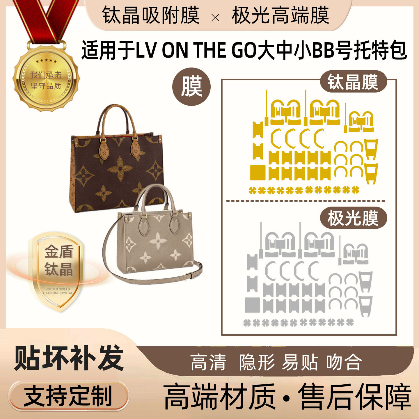 适用于LV on the go大中小BB号托特包五金贴膜隐形透明极光钛晶膜