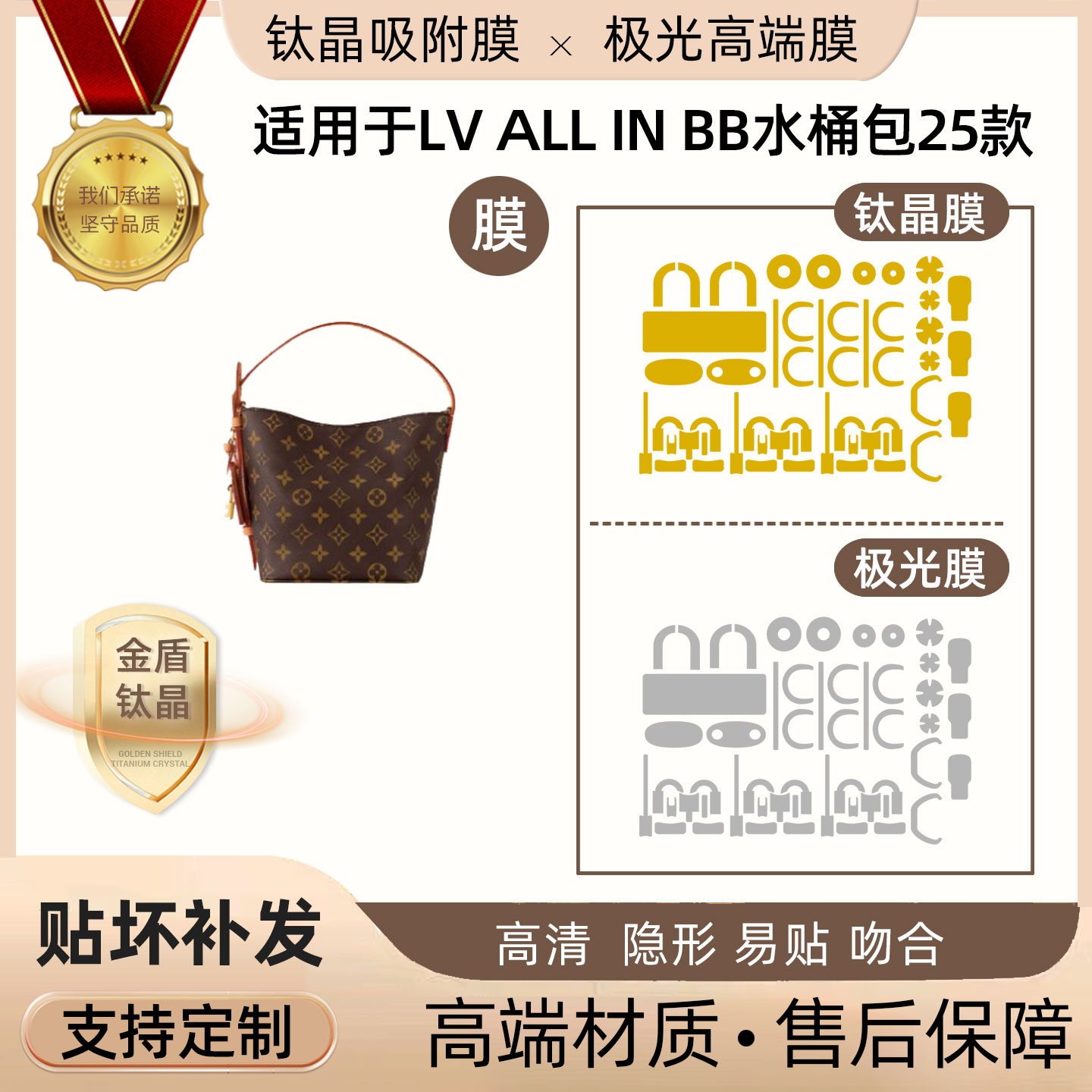 适用于lv all in bb水桶包25款五金贴膜隐形无痕透明极光膜防磨损