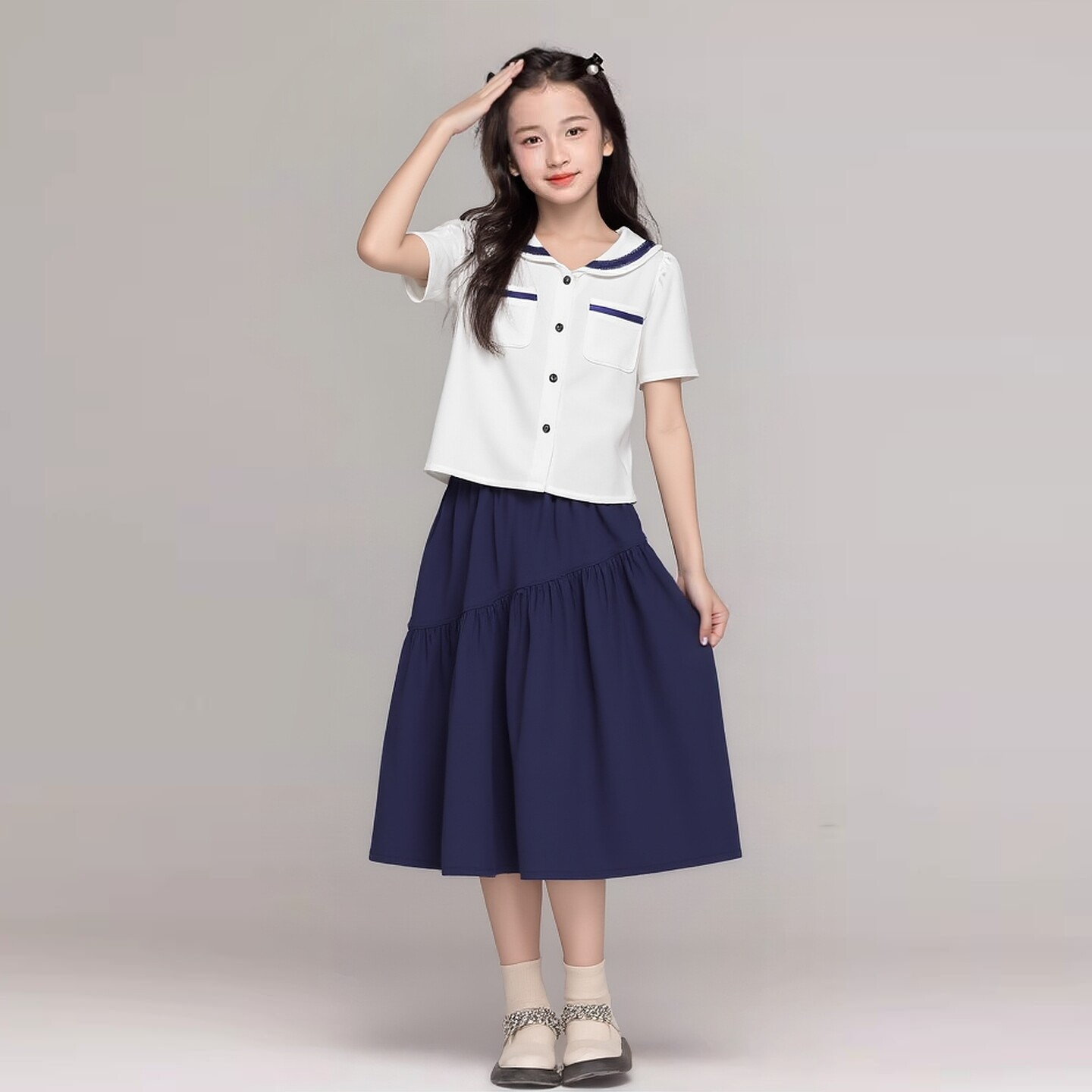 2026夏季新款女童海军领学院风单排扣深蓝色衬衫+半身裙两件套装