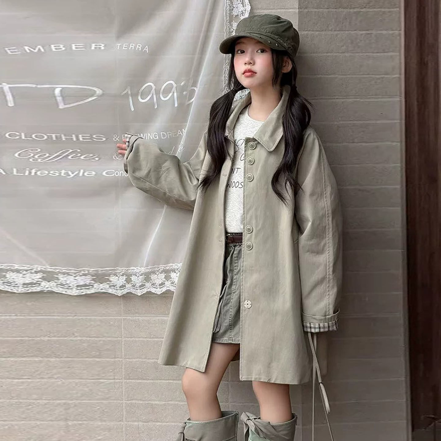 女童中长款风衣翻领单排扣外套秋