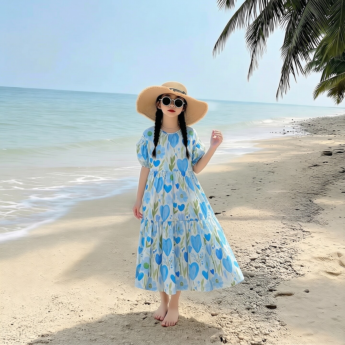 女童连衣裙夏季新款宽松度假短袖田园中大童碎花裙蓝色女孩长裙子