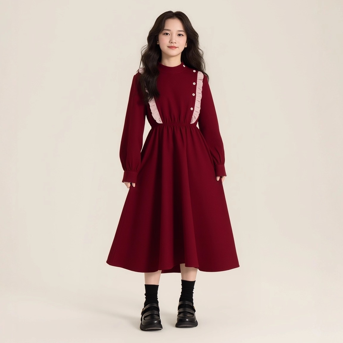 2025秋季新款女童立领木耳边拼接收腰大口袋过膝长裙中大童连衣裙