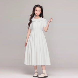 2026夏季纯棉花边领泡泡袖女童短袖裙白色收腰中长款大童连衣裙