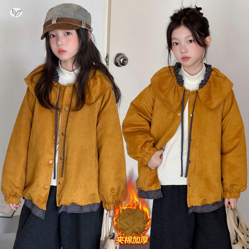 女童秋冬新款娃娃领美拉德蒙古绒外套冬季保暖夹棉夹克衫学生棉服