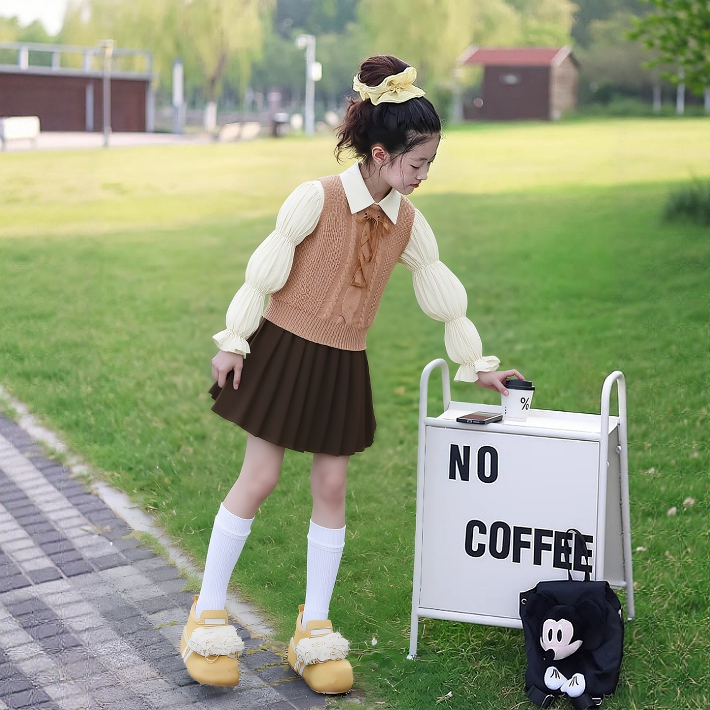 2025秋新款女童灯笼袖衬衫+针织背心+百褶半身裙三件套学院风套装