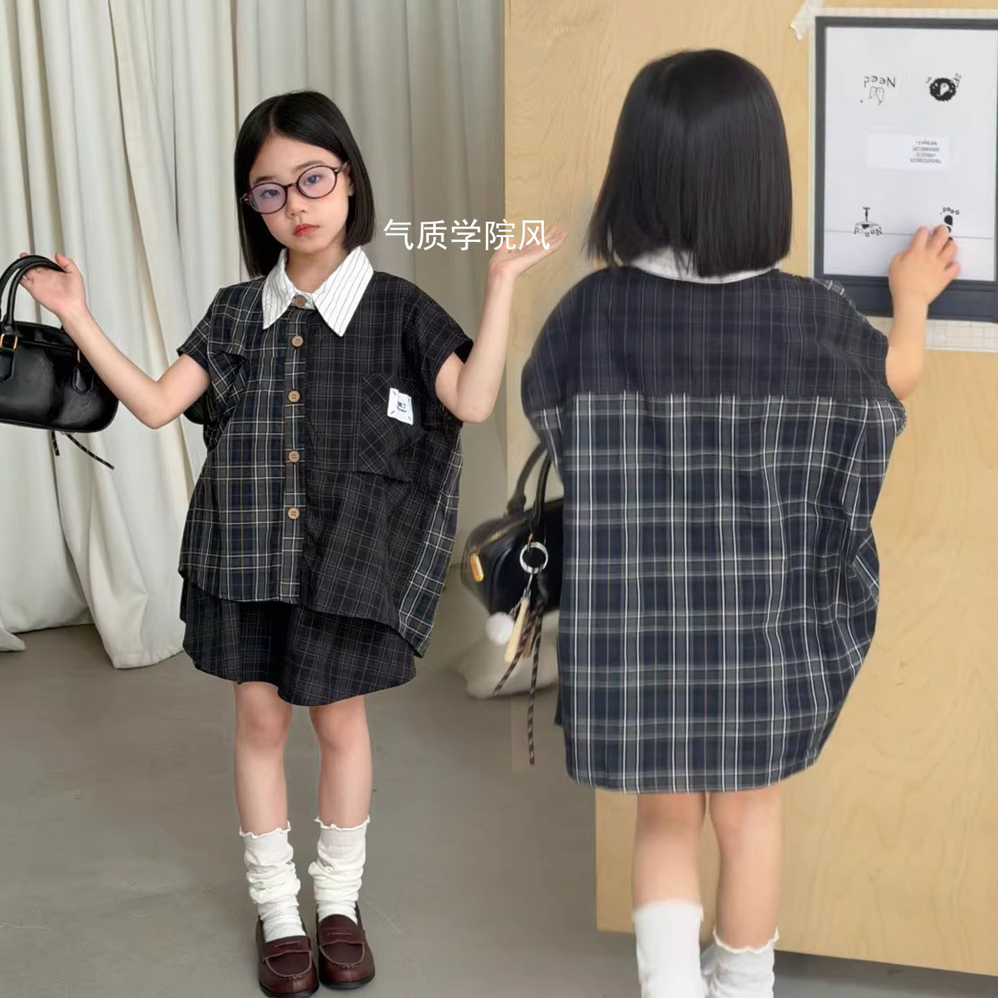 女童韩版格子套装2026中大童夏季学院风翻领短袖衬衫+裙裤两件套