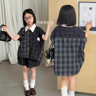 女童韩版格子套装2026中大童夏季学院风翻领短袖衬衫+裙裤两件套