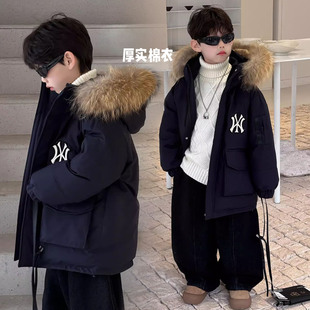 2025冬季儿童大毛领工装大口袋中长款服男童90白鸭绒羽绒服外套