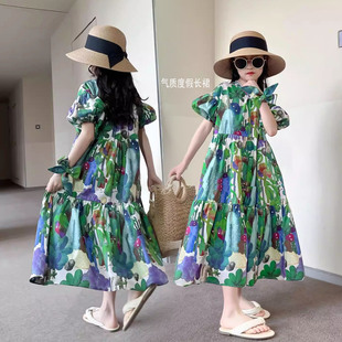 2026夏季新款女童绿色印花连衣裙女大童妈妈亲子款长裙短袖裙摆